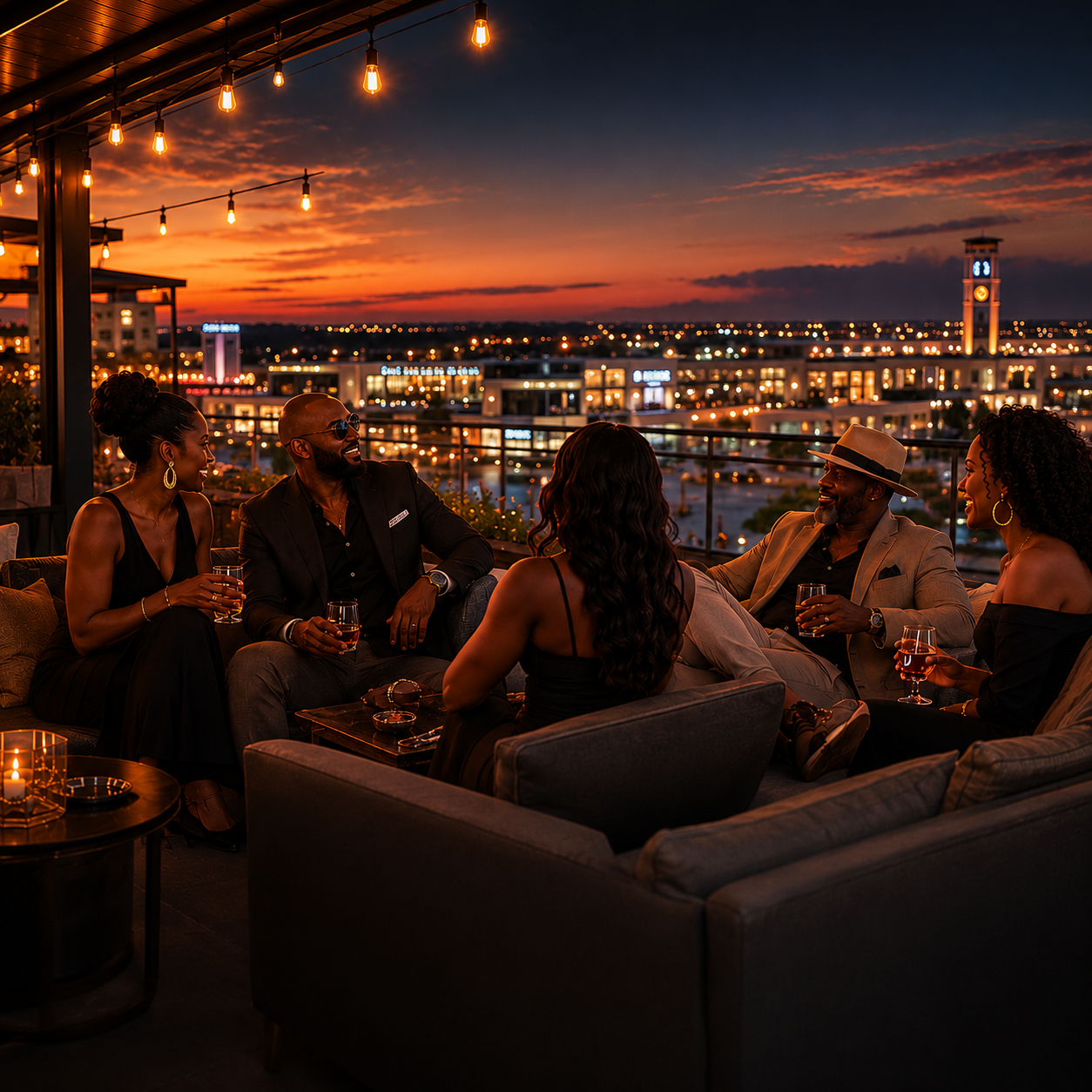 Guests conversing on a balcony at sunset in Huntsville