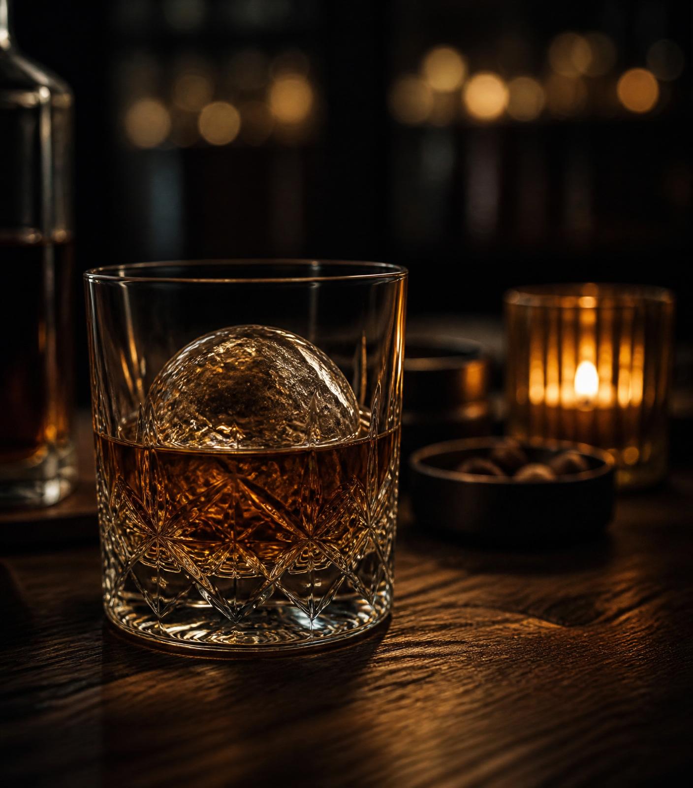 Crystal whiskey glass in warm candlelight